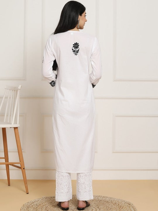 Sheen White Base Mulmul Straight Fit Long Chikankari kurti With Colorful Threadworks