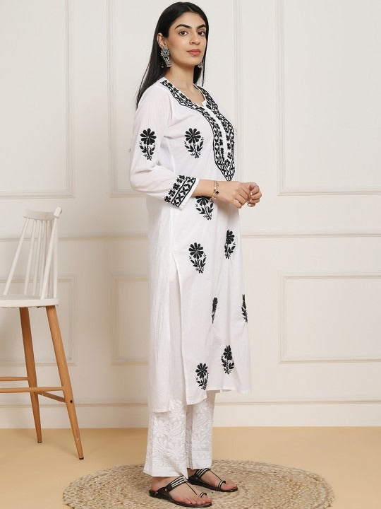 Sheen White Base Mulmul Straight Fit Long Chikankari kurti With Colorful Threadworks