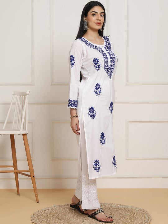 Sheen White Base Mulmul Straight Fit Long Chikankari kurti With Colorful Threadworks