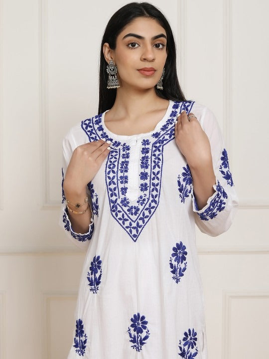 Sheen White Base Mulmul Straight Fit Long Chikankari kurti With Colorful Threadworks