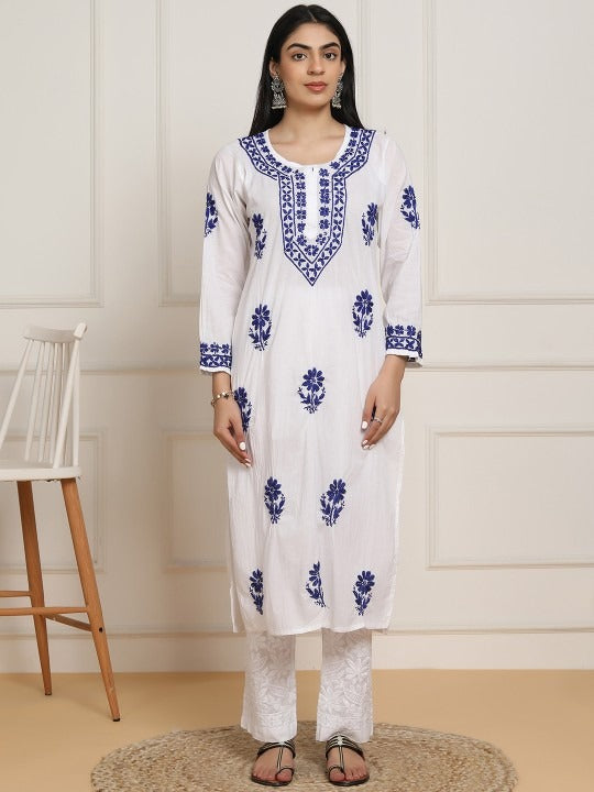 Sheen White Base Mulmul Straight Fit Long Chikankari kurti With Colorful Threadworks