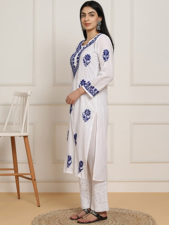 Sheen White Base Mulmul Straight Fit Long Chikankari kurti With Colorful Threadworks