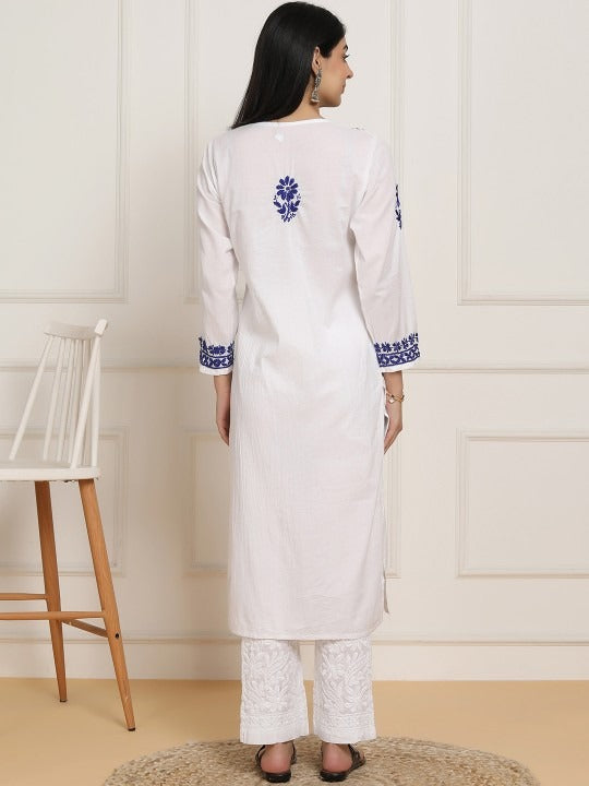 Sheen White Base Mulmul Straight Fit Long Chikankari kurti With Colorful Threadworks