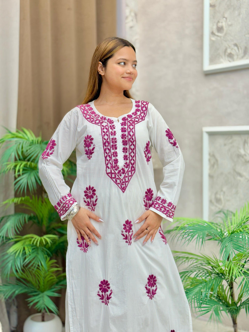 Sheen White Base Mulmul Straight Fit Long Chikankari kurti With Colorful Threadworks