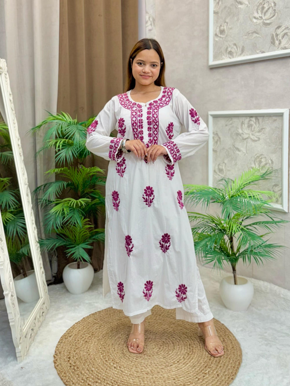 Sheen White Base Mulmul Straight Fit Long Chikankari kurti With Colorful Threadworks