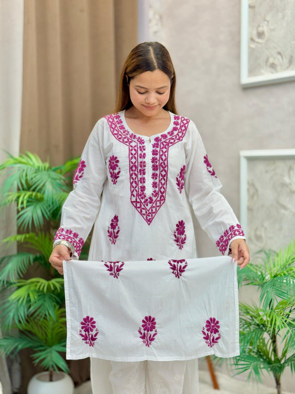 Sheen White Base Mulmul Straight Fit Long Chikankari kurti With Colorful Threadworks