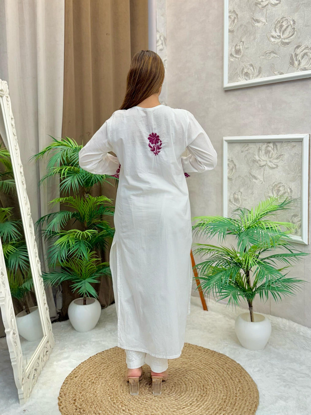 Sheen White Base Mulmul Straight Fit Long Chikankari kurti With Colorful Threadworks