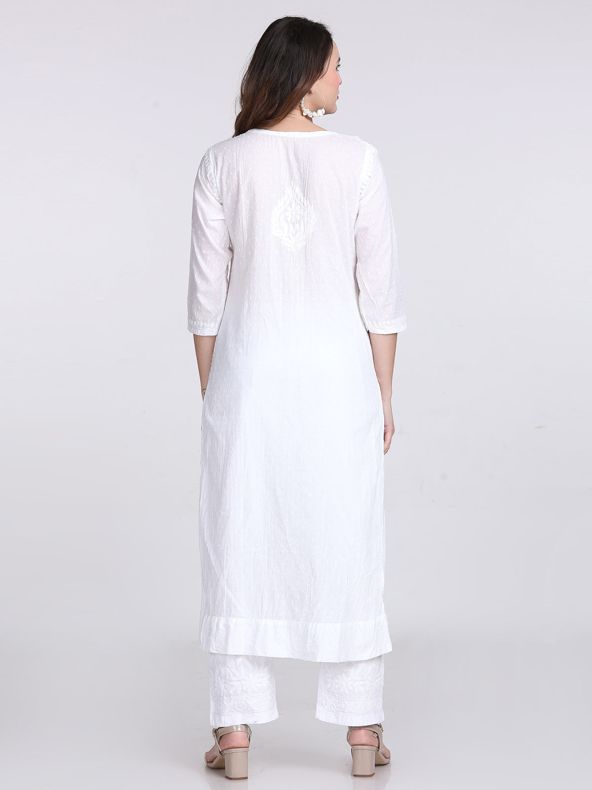 White Cotton Chikankari Kurti & Lycra Pant Set, Pockets Both Side of the Pant