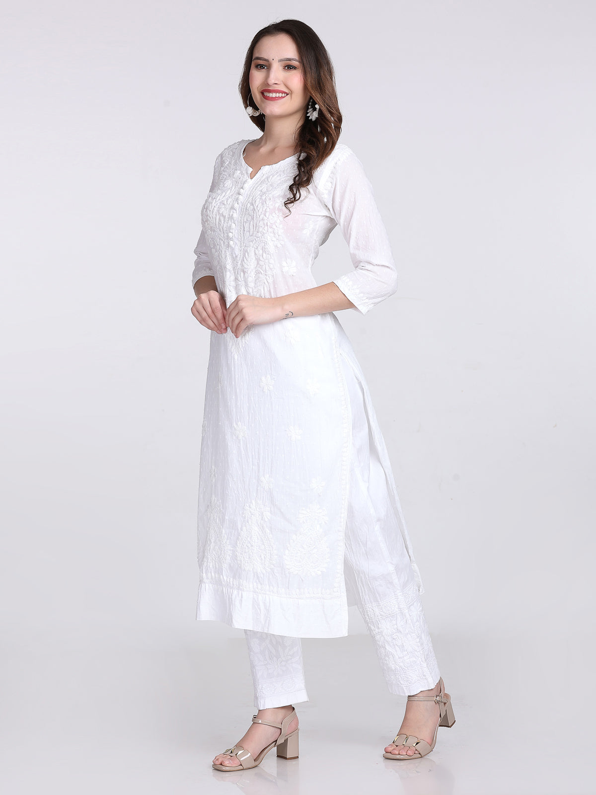 White Cotton Chikankari Kurti & Lycra Pant Set, Pockets Both Side of the Pant