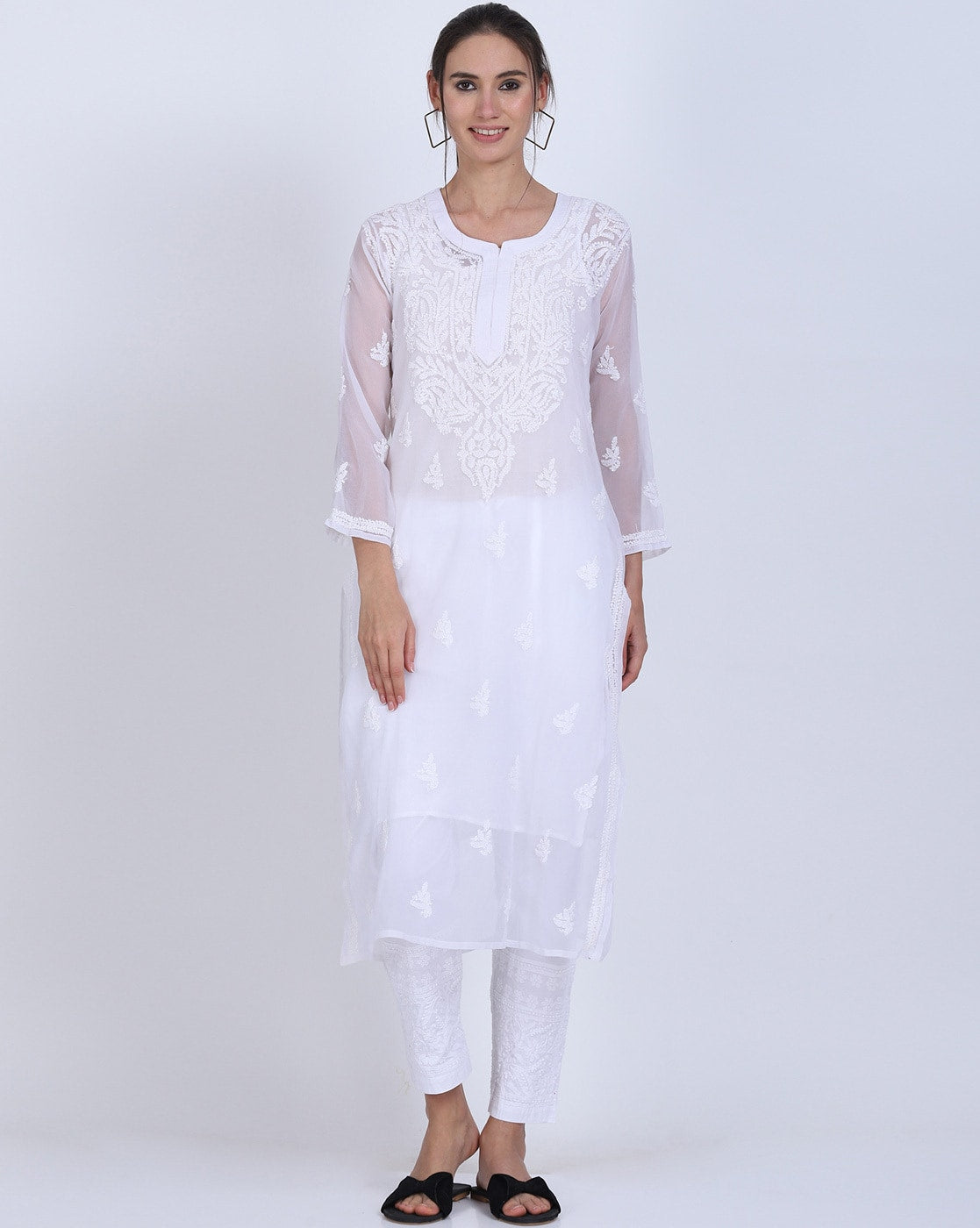 Women's Chiffon Georgette Chikankari Ton-to-Ton Kurti with Inner & White Lycra Pant Set