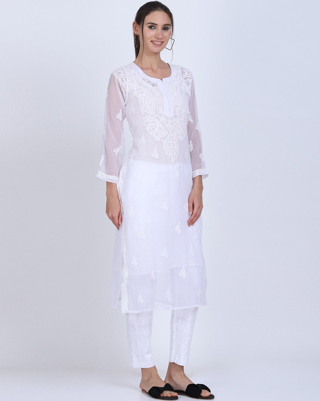 Women's Chiffon Georgette Chikankari Ton-to-Ton Kurti with Inner & White Lycra Pant Set