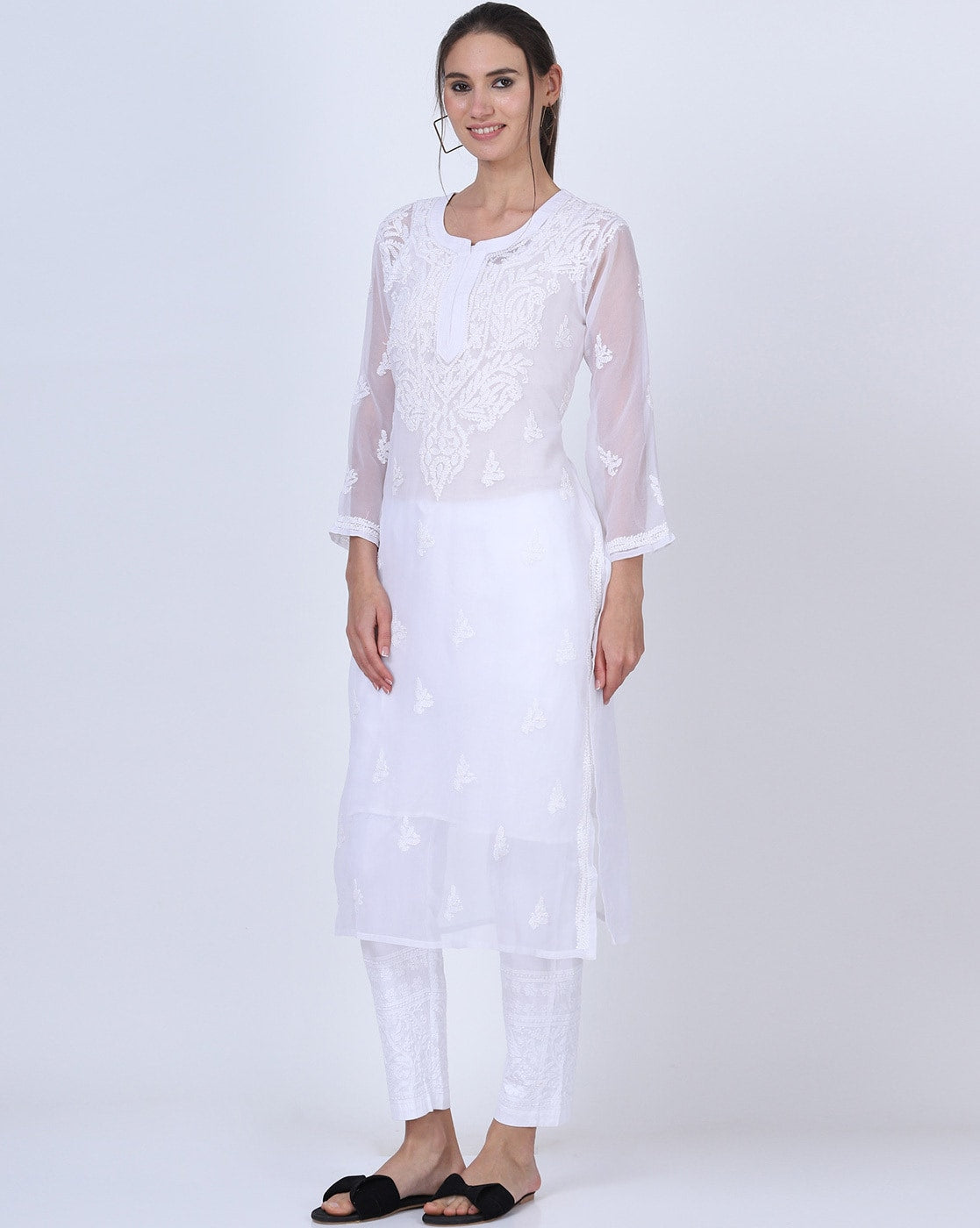 Women's Chiffon Georgette Chikankari Ton-to-Ton Kurti with Inner & White Lycra Pant Set