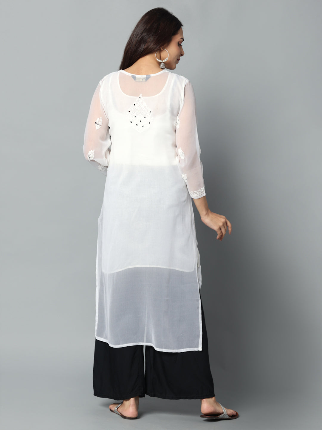 Chikankari Chiffon Georgette Straight Kurti With Real Pasted Mirror Work & Matching Cotton Inner