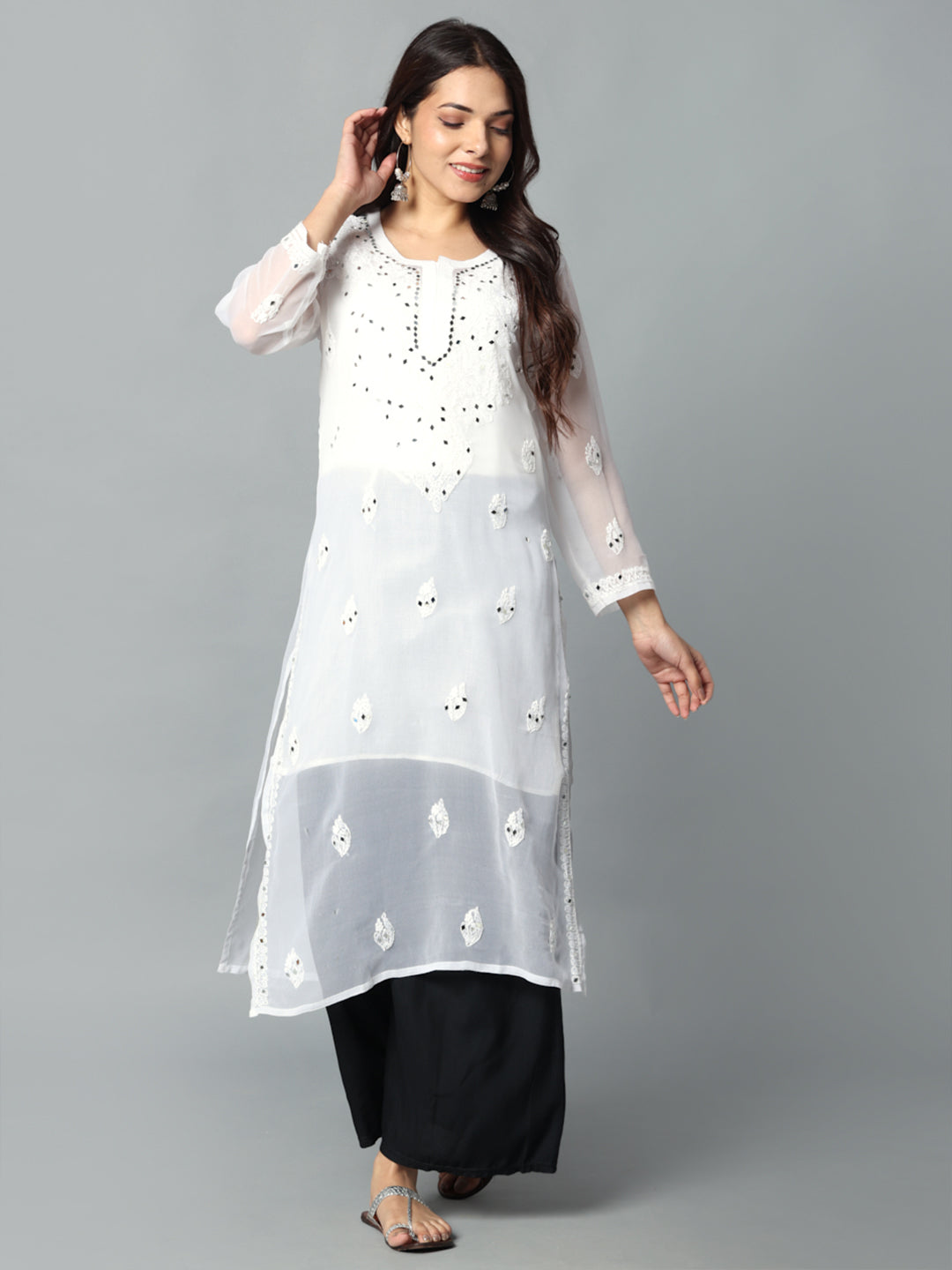 Chikankari Chiffon Georgette Straight Kurti With Real Pasted Mirror Work & Matching Cotton Inner