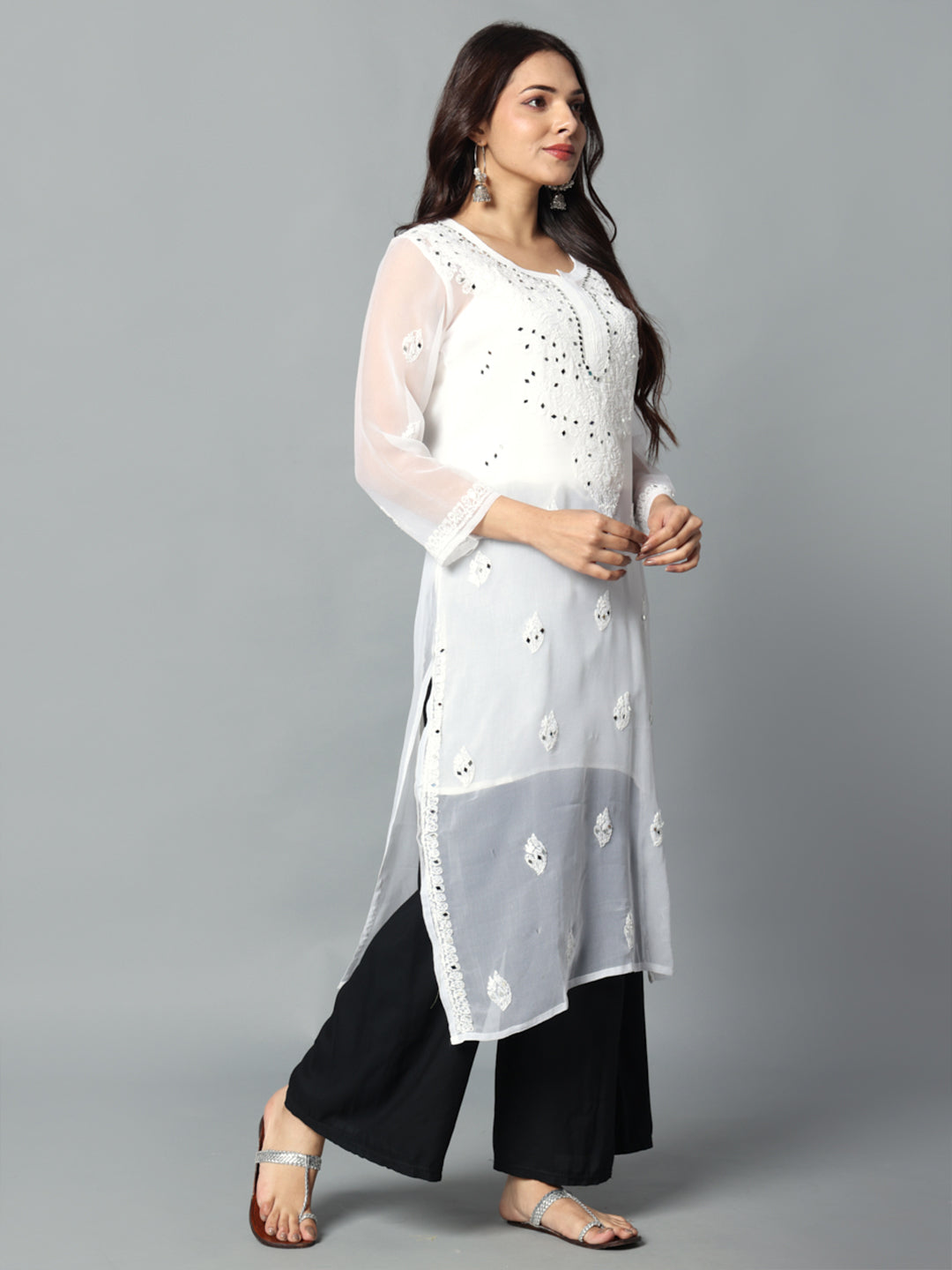 Chikankari Chiffon Georgette Straight Kurti With Real Pasted Mirror Work & Matching Cotton Inner