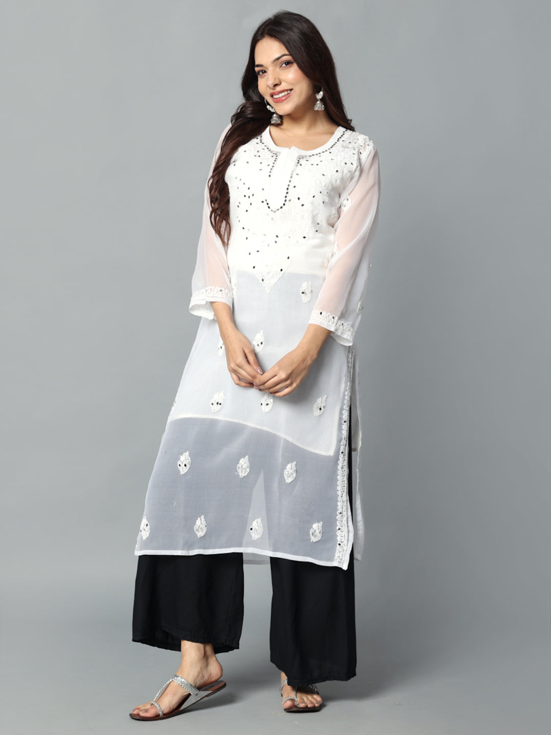Chikankari Chiffon Georgette Straight Kurti With Real Pasted Mirror Work & Matching Cotton Inner