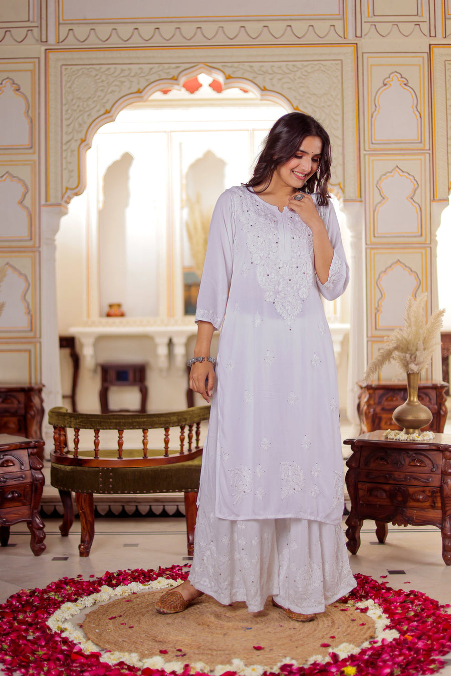 Premium Chikankari Handwork Rayon Kurta & Palazzo Set with Sparkling Muquesh Embellishments