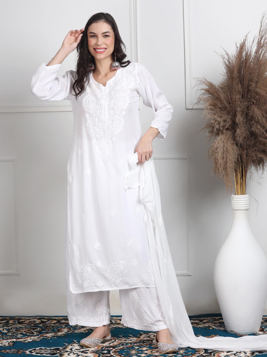 White Sophisticated Premium Rayon Chikankari Kurti, Palazzo and Dupatta Set.