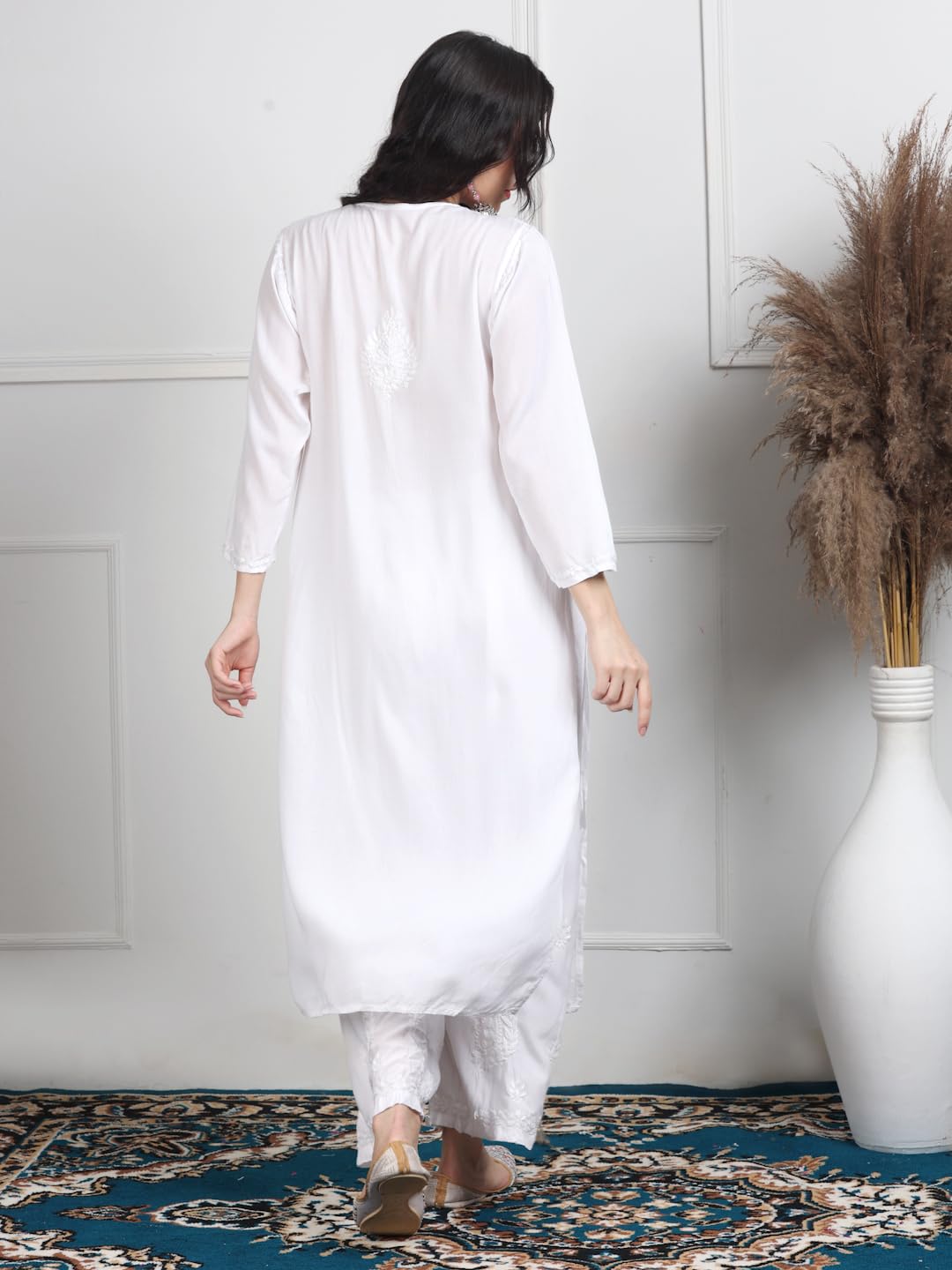 White Sophisticated Premium Rayon Chikankari Kurti, Palazzo and Dupatta Set.