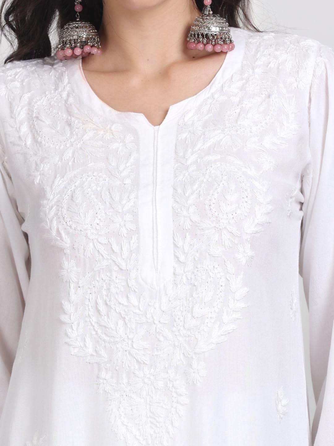 White Sophisticated Premium Rayon Chikankari Kurti, Palazzo and Dupatta Set.