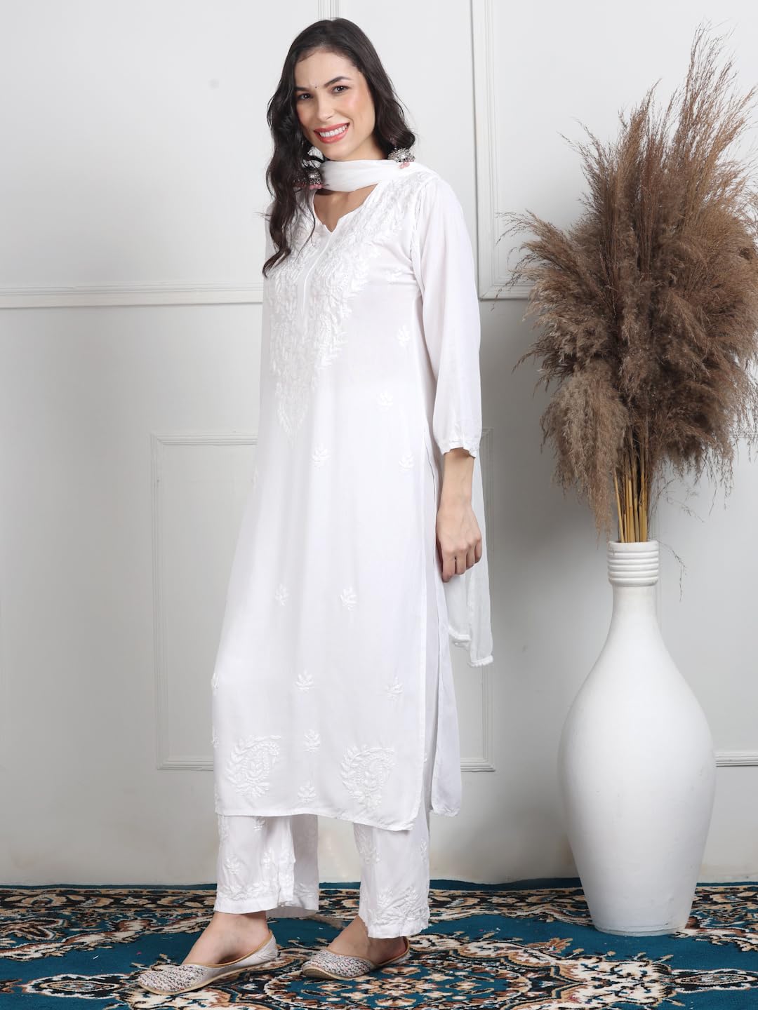 White Sophisticated Premium Rayon Chikankari Kurti, Palazzo and Dupatta Set.