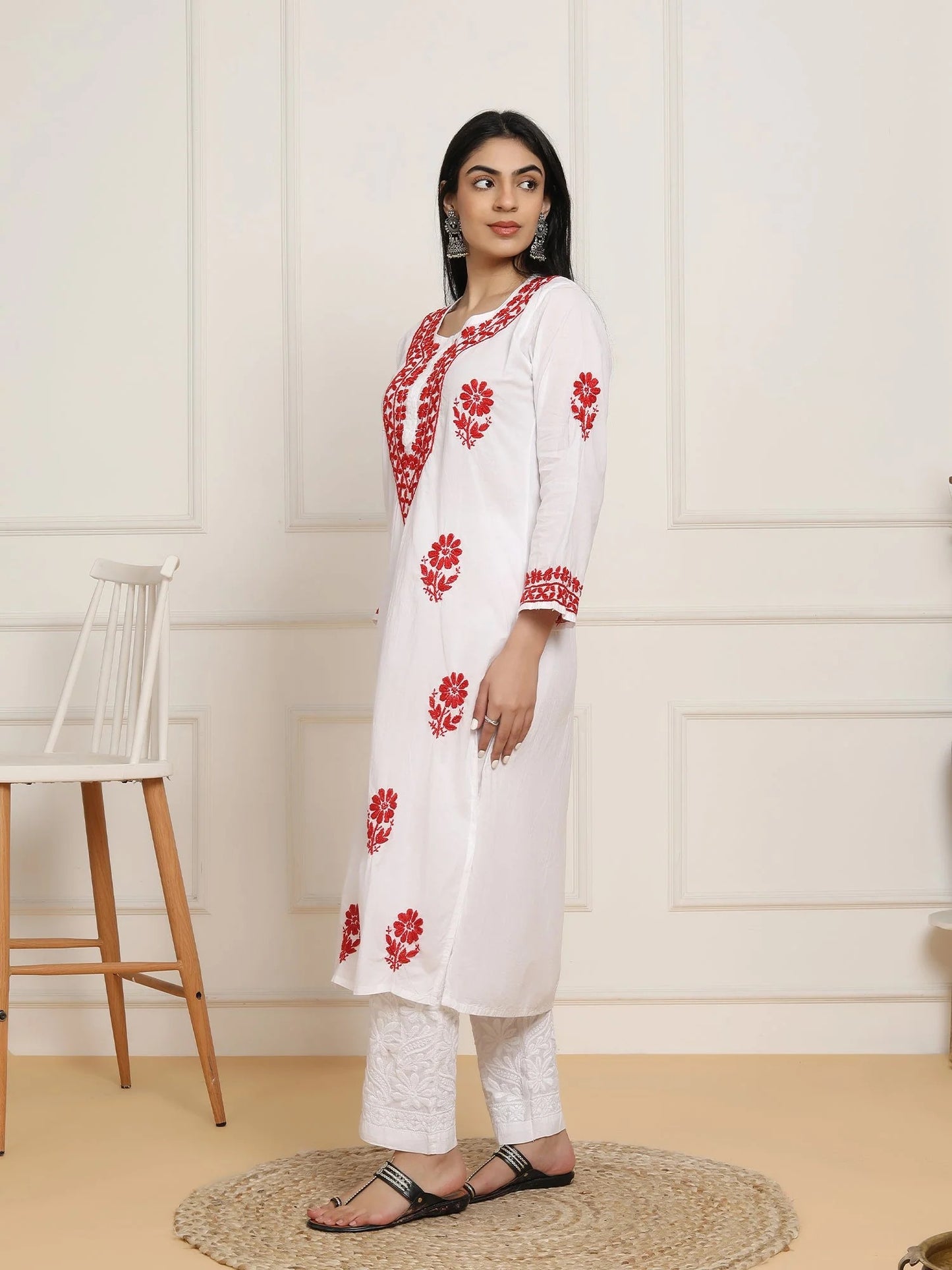 Sheen White Base Mulmul Straight Fit Long Chikankari kurti With Colorful Threadworks