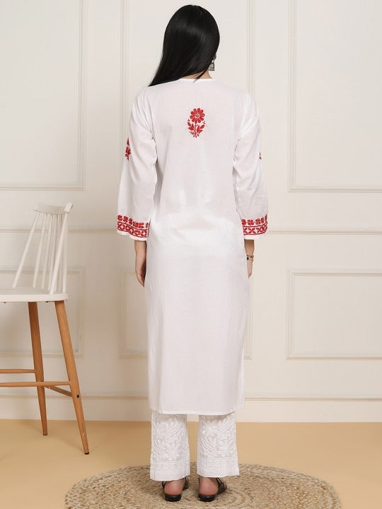 Sheen White Base Mulmul Straight Fit Long Chikankari kurti With Colorful Threadworks