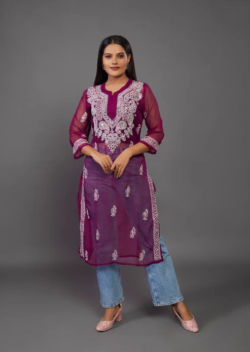 Chikankari Chiffon Georgette Straight Kurti With Real Pasted Mirror Work & Matching Cotton Inner