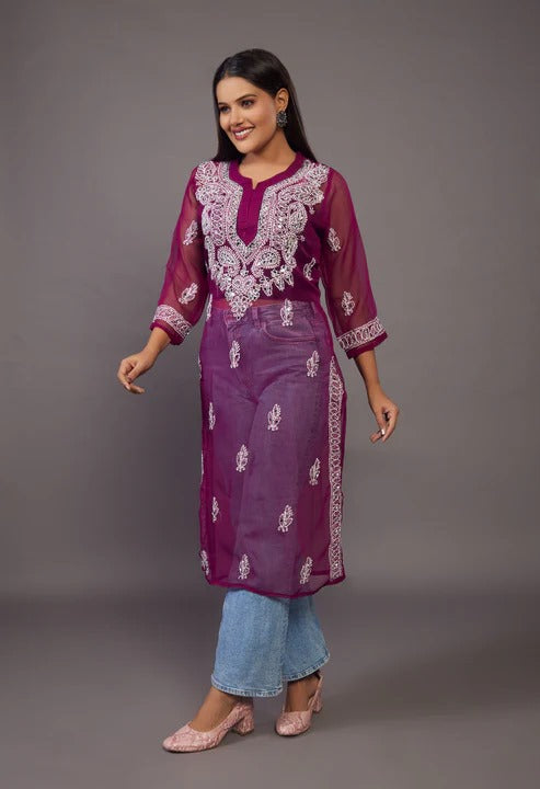 Chikankari Chiffon Georgette Straight Kurti With Real Pasted Mirror Work & Matching Cotton Inner