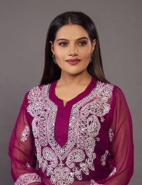 Chikankari Chiffon Georgette Straight Kurti With Real Pasted Mirror Work & Matching Cotton Inner