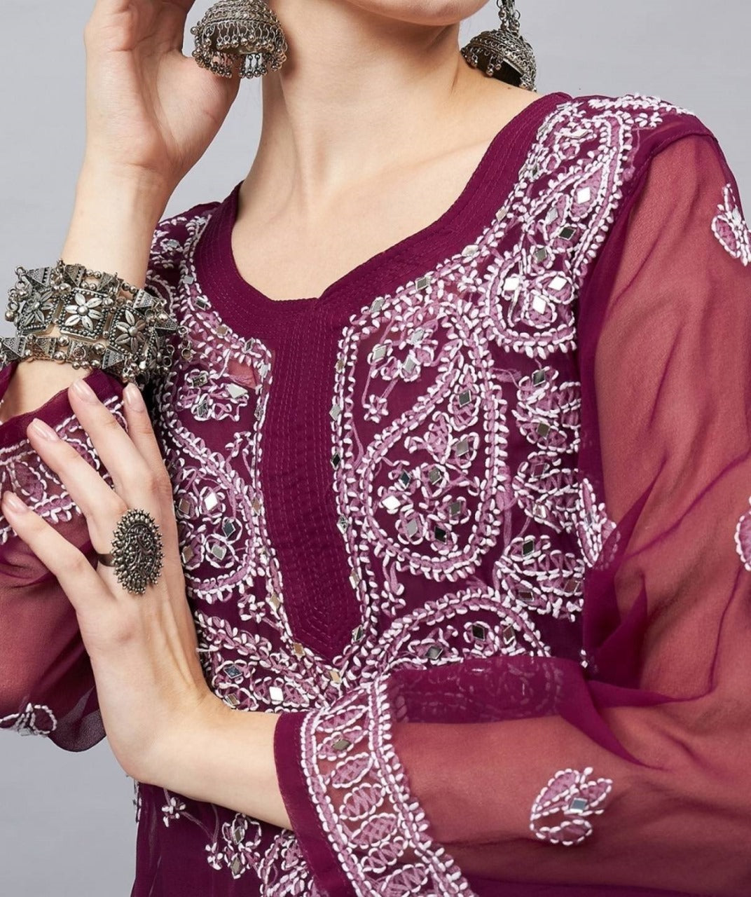 Chikankari Chiffon Georgette Straight Kurti With Real Pasted Mirror Work & Matching Cotton Inner