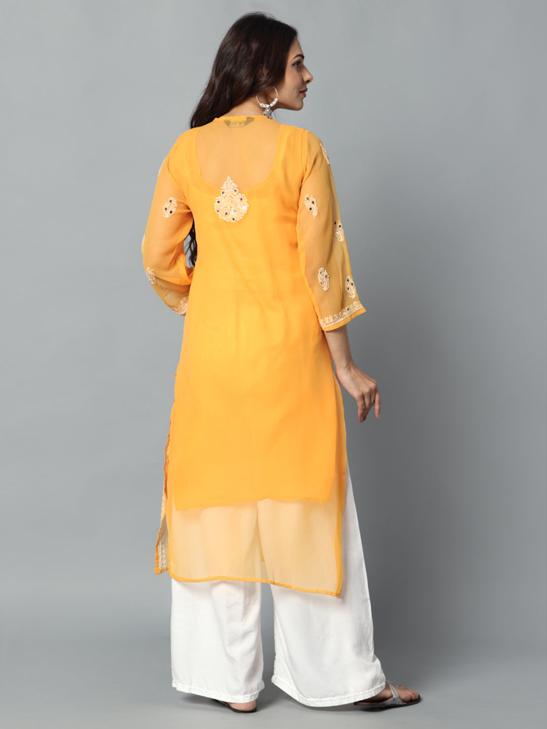 Chikankari Chiffon Georgette Straight Kurti With Real Pasted Mirror Work & Matching Cotton Inner