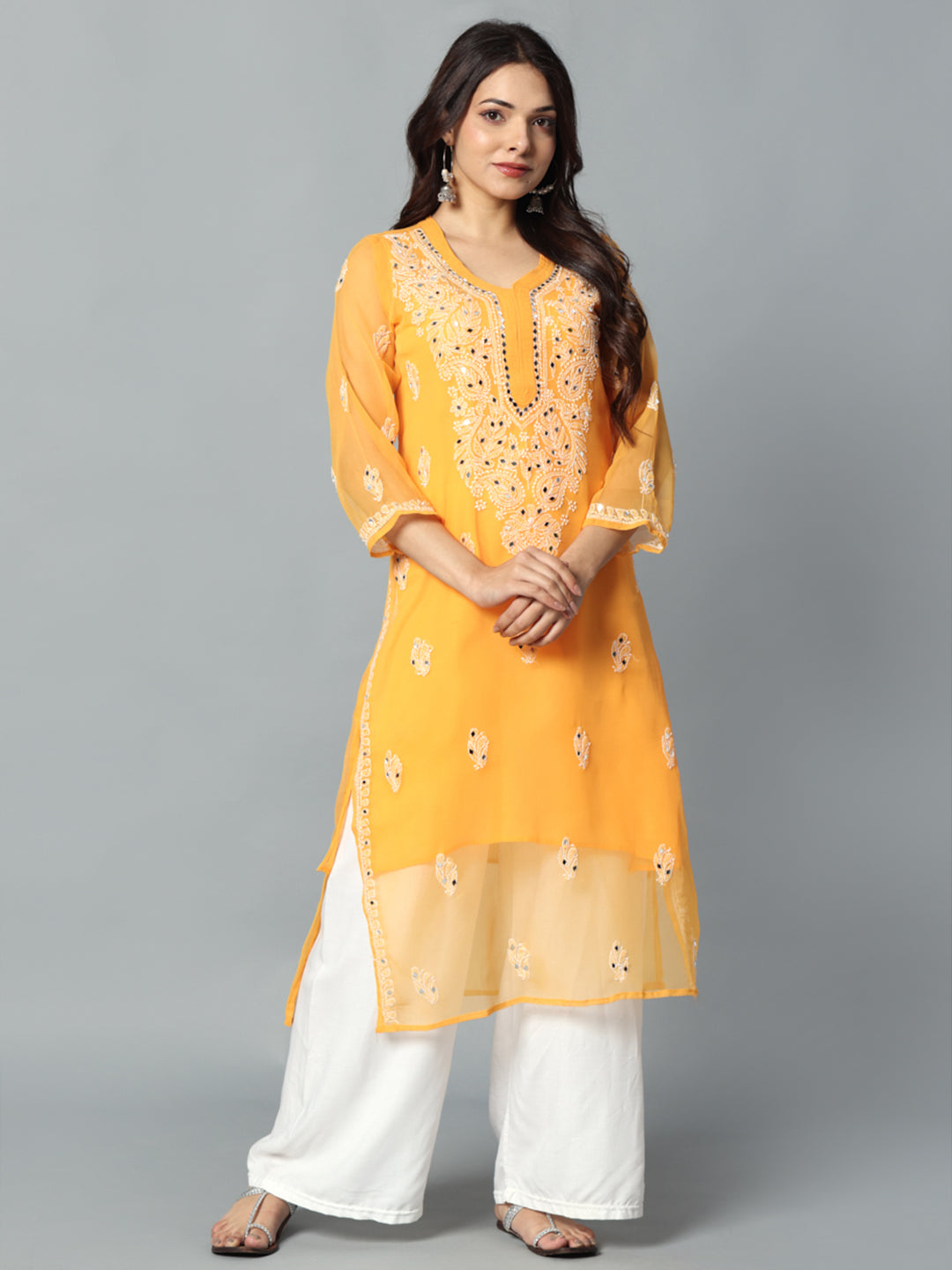 Chikankari Chiffon Georgette Straight Kurti With Real Pasted Mirror Work & Matching Cotton Inner