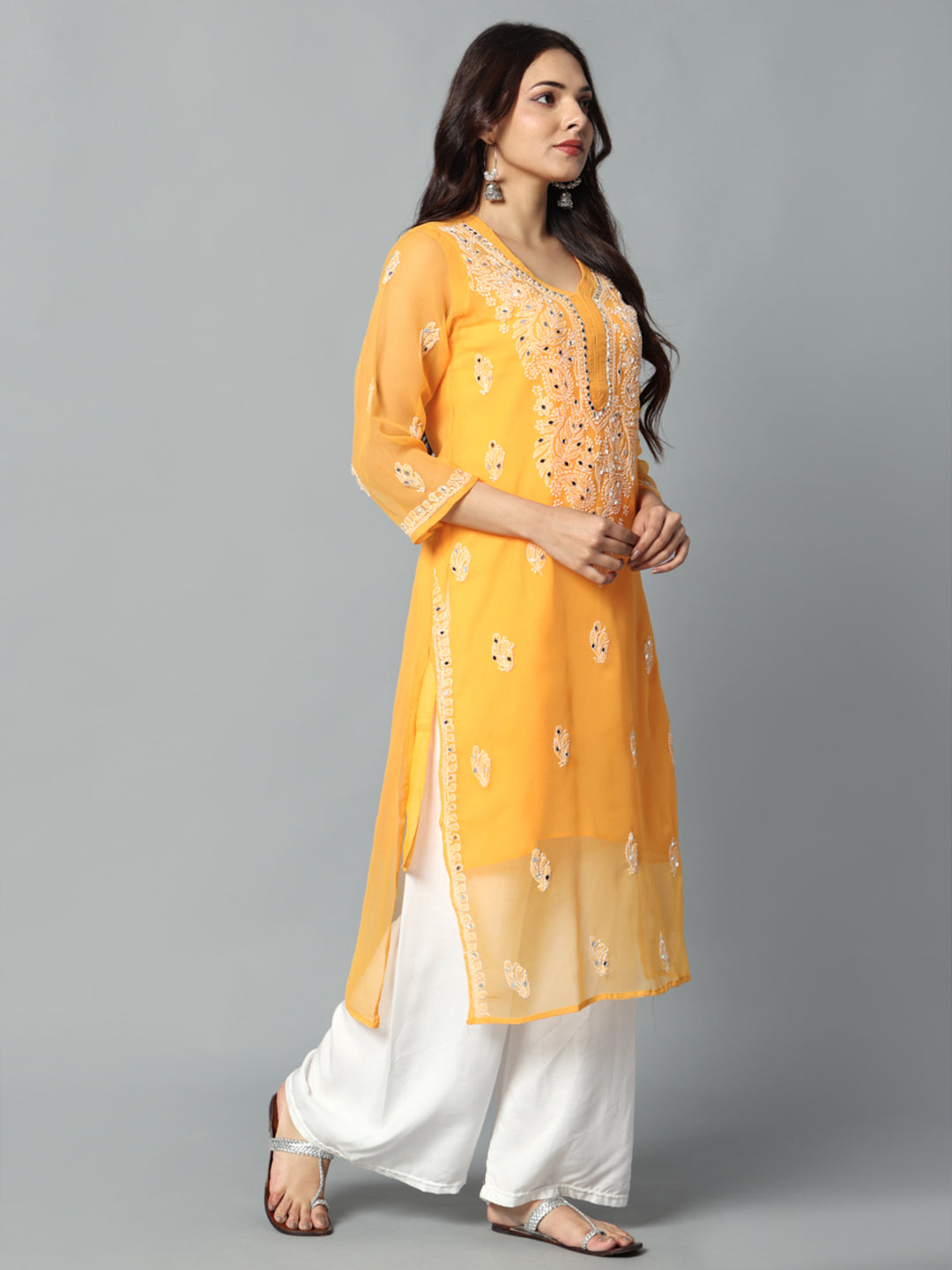 Chikankari Chiffon Georgette Straight Kurti With Real Pasted Mirror Work & Matching Cotton Inner