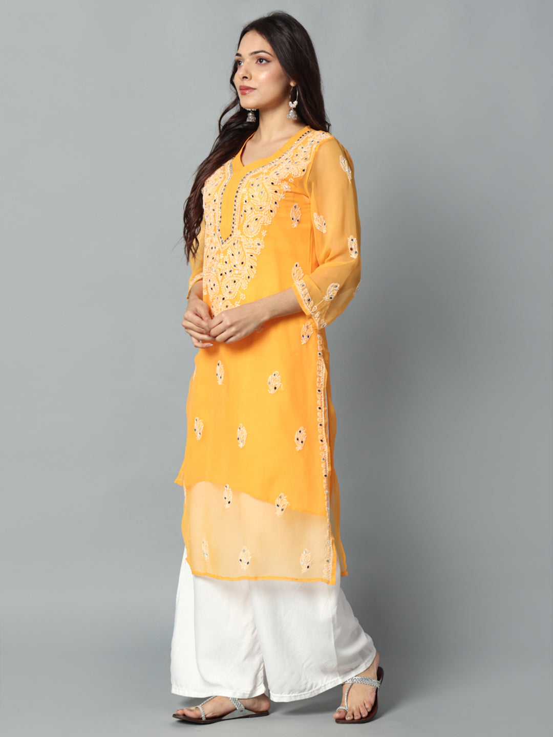Chikankari Chiffon Georgette Straight Kurti With Real Pasted Mirror Work & Matching Cotton Inner