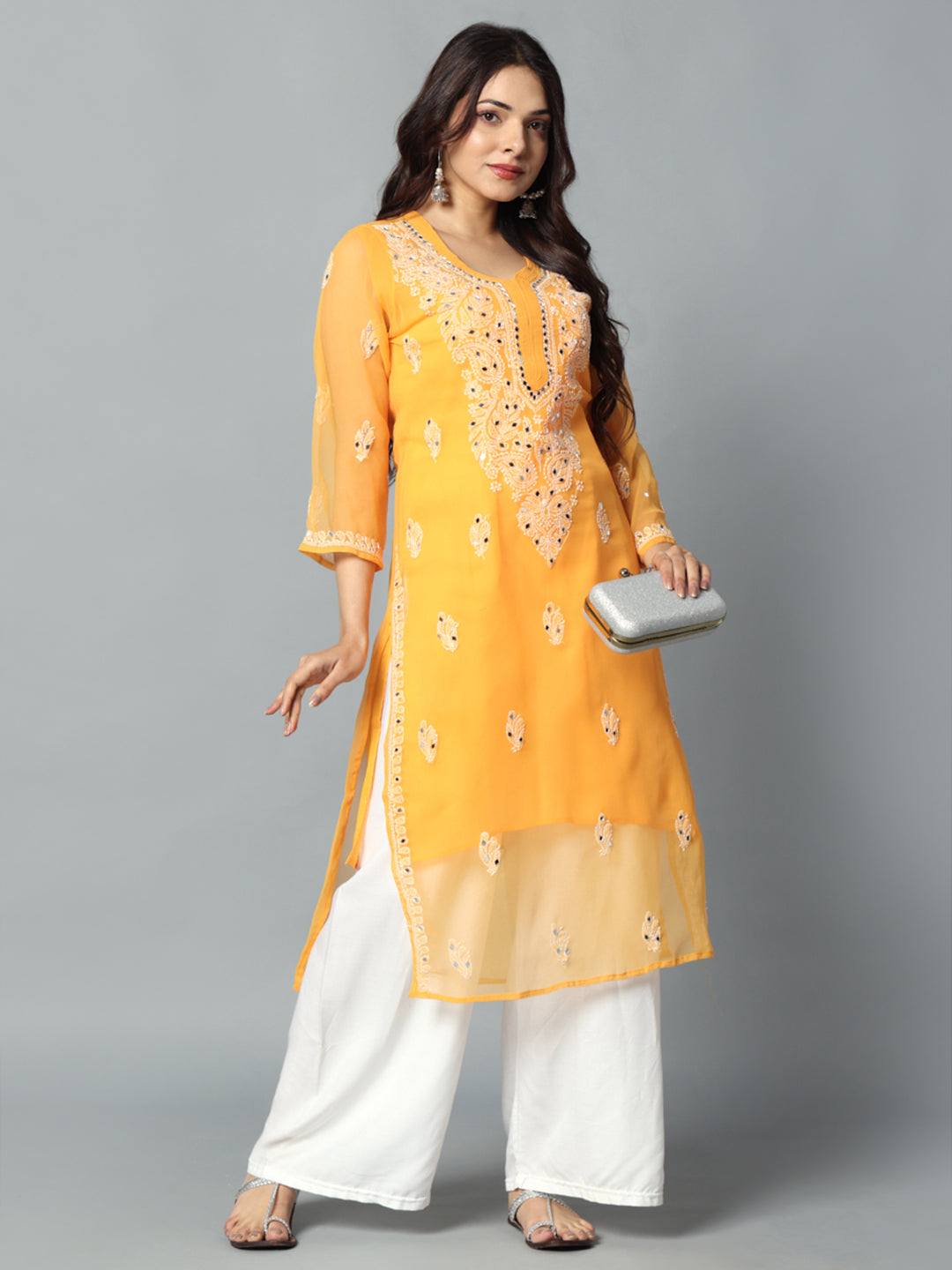 Chikankari Chiffon Georgette Straight Kurti With Real Pasted Mirror Work & Matching Cotton Inner