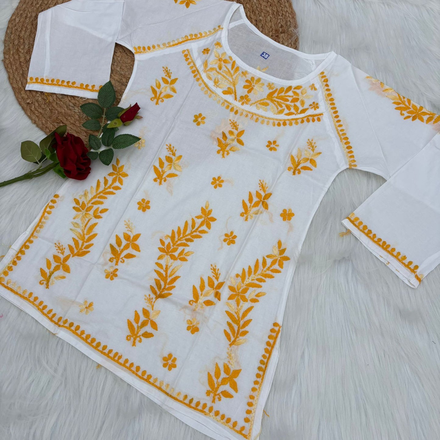 Naaz White Base Pure Mulmul Chikankari Short Kurti with Color Threadwork
