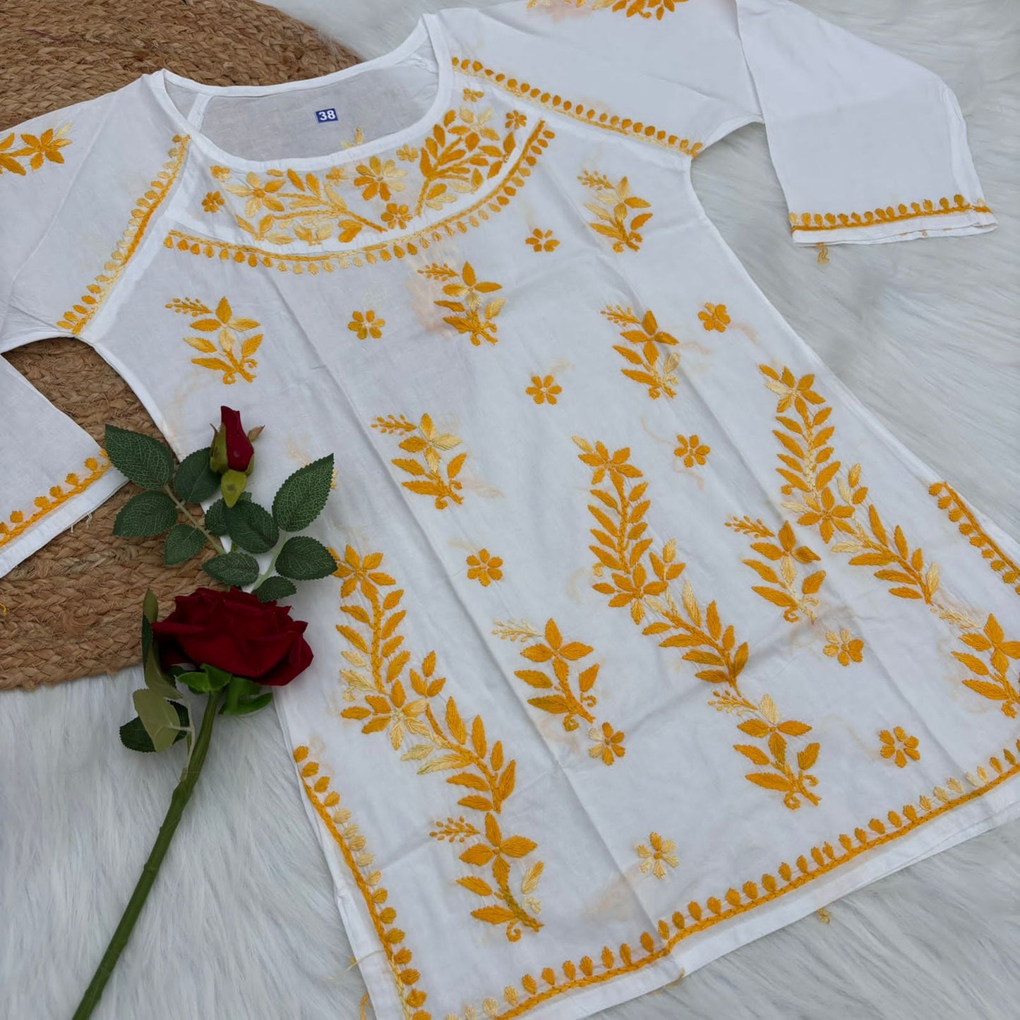 Naaz White Base Pure Mulmul Chikankari Short Kurti with Color Threadwork