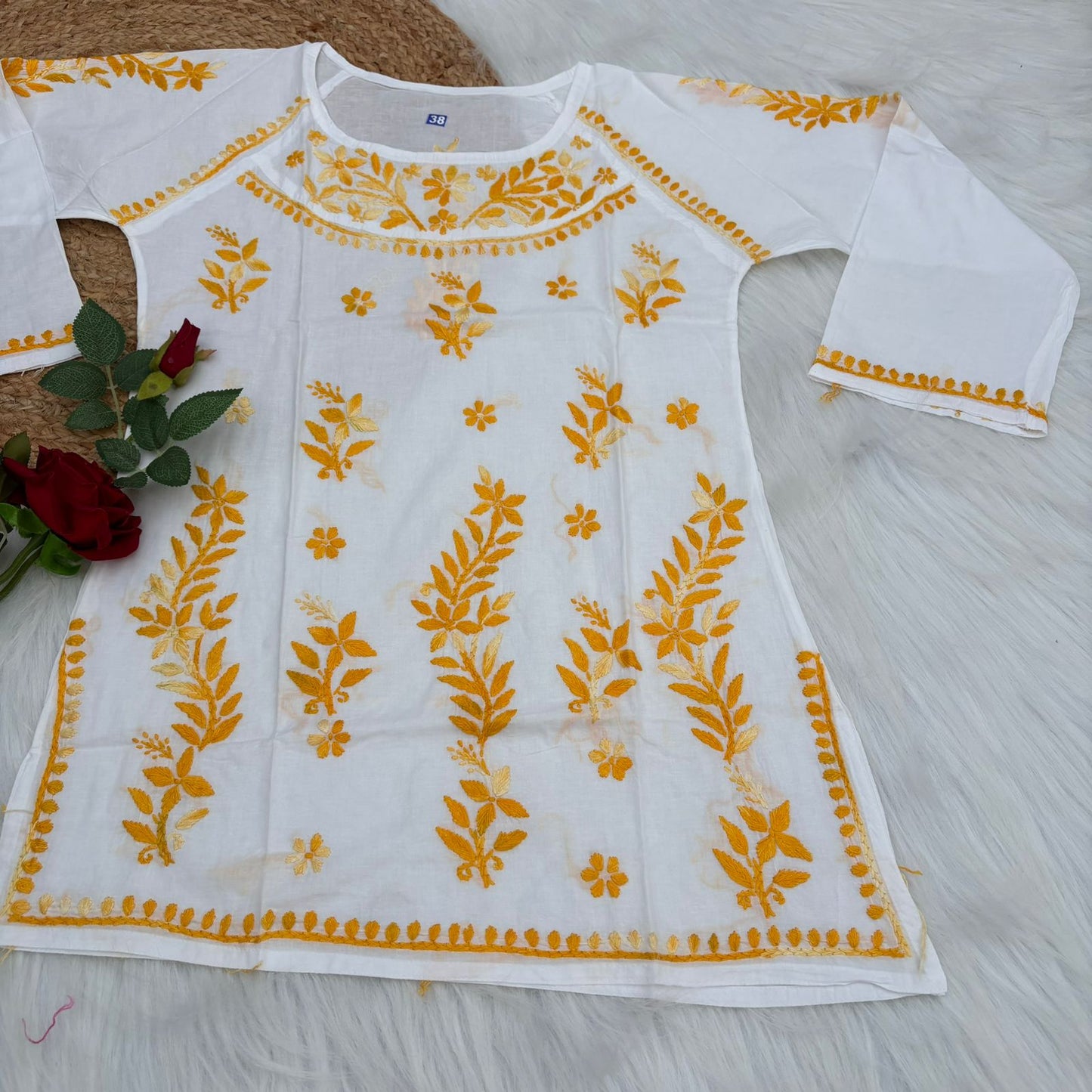 Naaz White Base Pure Mulmul Chikankari Short Kurti with Color Threadwork