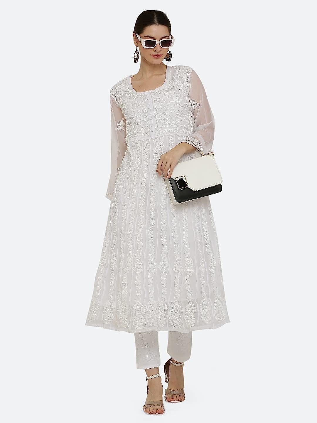 Gauhar Chiffon Georgette Chikankari Flared Anarkali Kurti with Cotton Stretchable Lycra Pant & Matching Cotton Inner