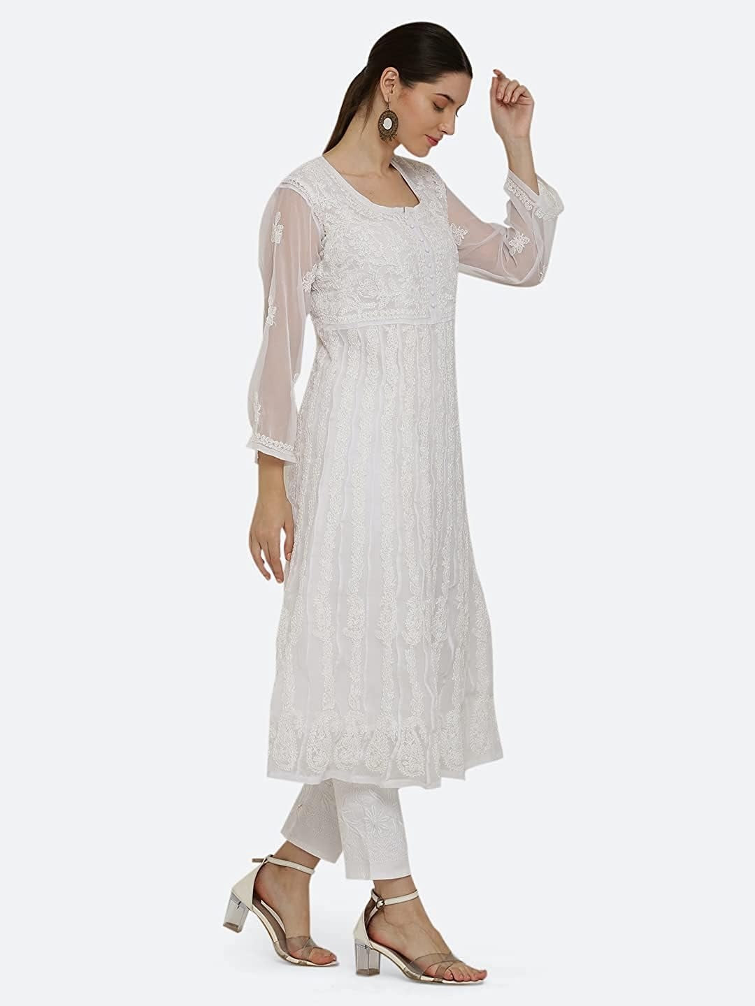 Gauhar Chiffon Georgette Chikankari Flared Anarkali Kurti with Cotton Stretchable Lycra Pant & Matching Cotton Inner