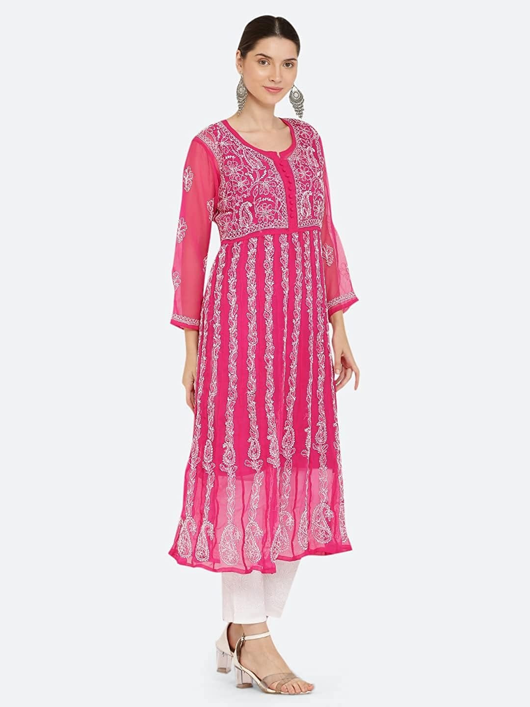 Gauhar Chiffon Georgette Chikankari Flared Anarkali Kurti with Cotton Stretchable Lycra Pant & Matching Cotton Inner