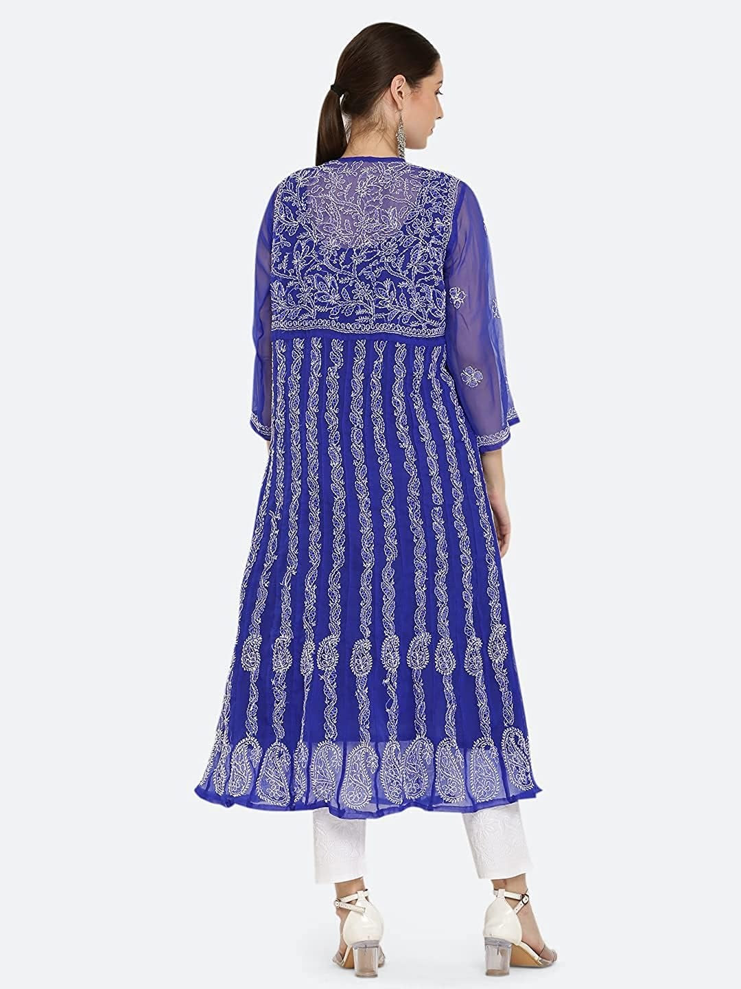 Gauhar Chiffon Georgette Chikankari Flared Anarkali Kurti with Cotton Stretchable Lycra Pant & Matching Cotton Inner
