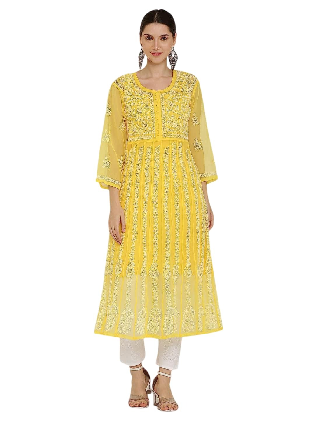 Gauhar Chiffon Georgette Chikankari Flared Anarkali Kurti with Cotton Stretchable Lycra Pant & Matching Cotton Inner
