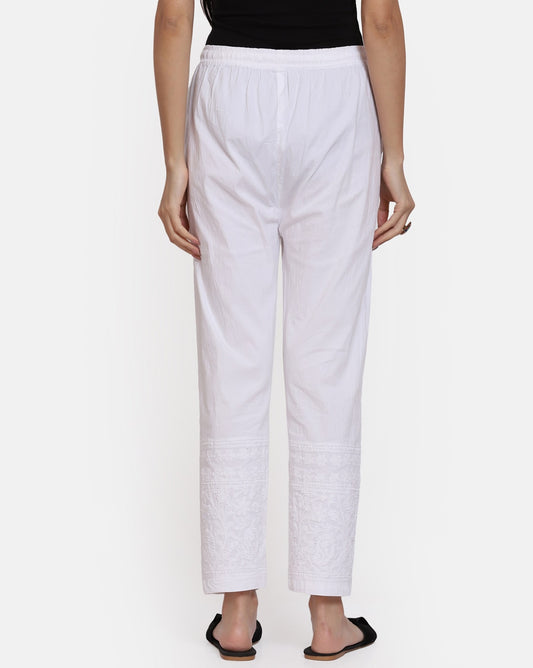 Kuku Chikankari Stretchable Cotton Lycra Pants with Both Side Pockets