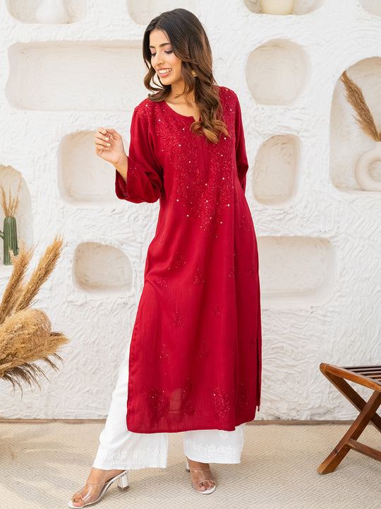 Women's Premium Rayon Chikankari Kurti with Muquesh Embellishments