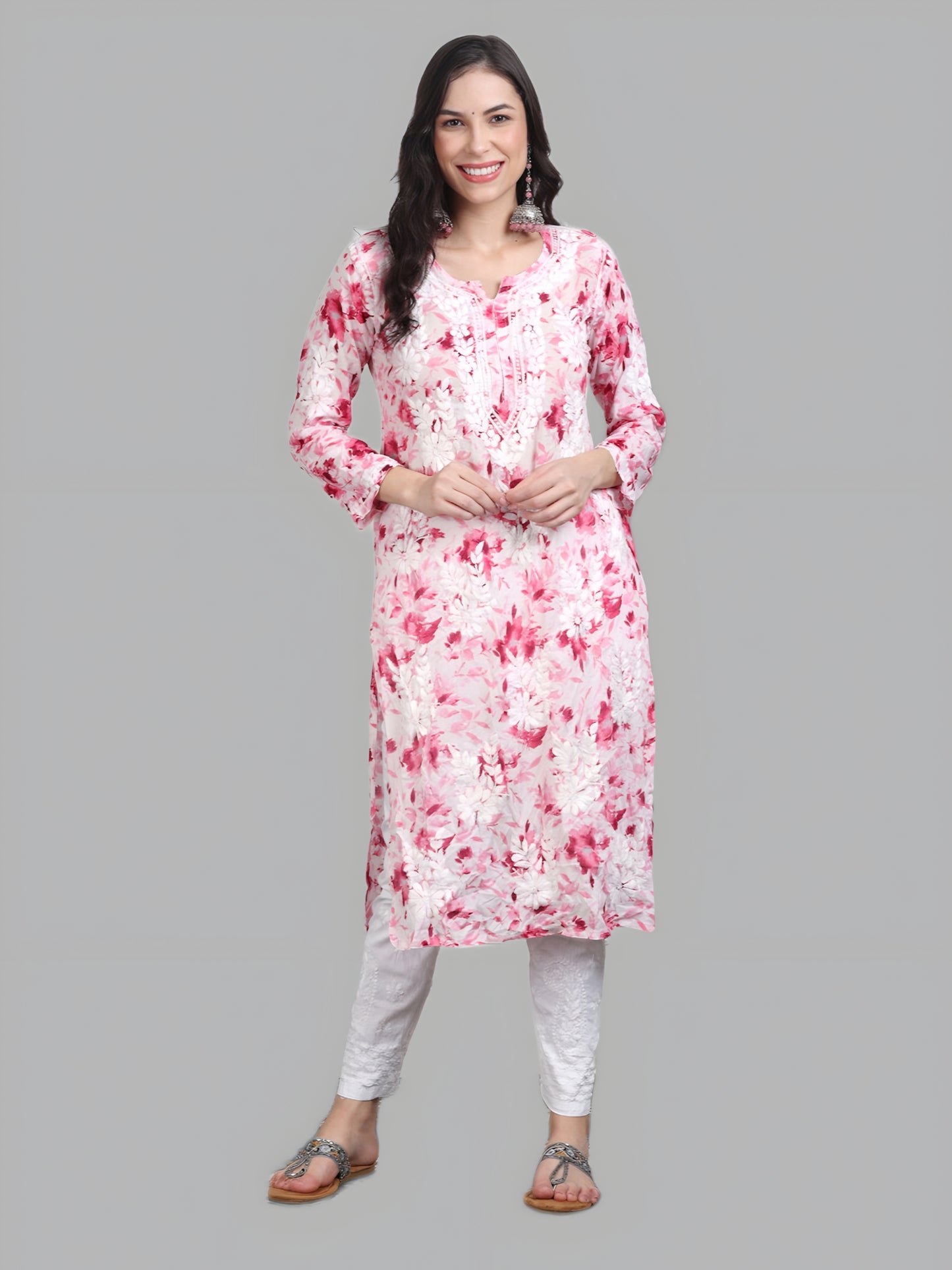 Huda White Base Pure Mulmul Floral Print Lucknowi Chikankari Straight Long Kurti