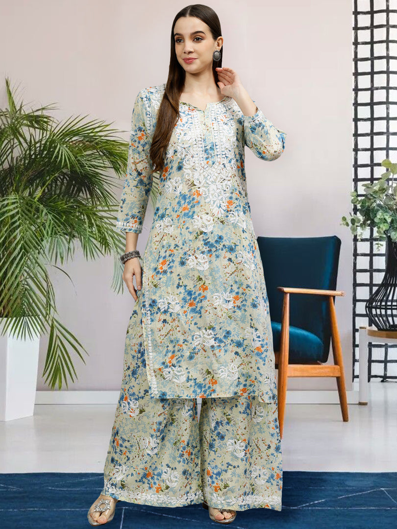 Women's Lucknowi Chikankari Handwork Mulmul Print Kurti & Palazzo Set