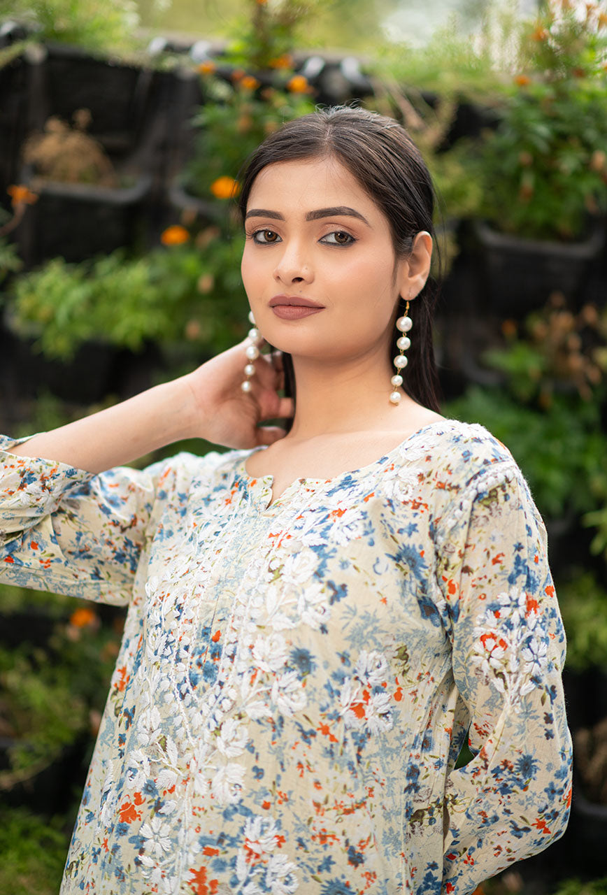 Women's Lucknowi Chikankari Handwork Mulmul Print Kurti & Palazzo Set