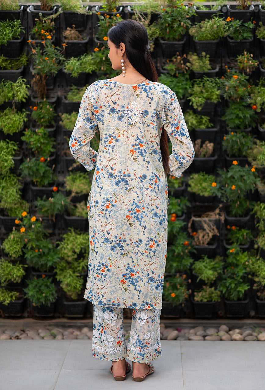 Women's Lucknowi Chikankari Handwork Mulmul Print Kurti & Palazzo Set